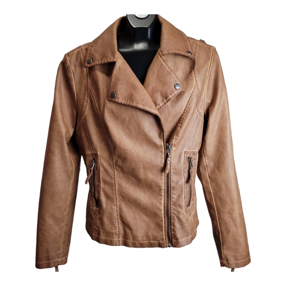 Max Studio Women's caramel tan aged Faux Leather moto biker jacket, L - Picture 8 of 16
